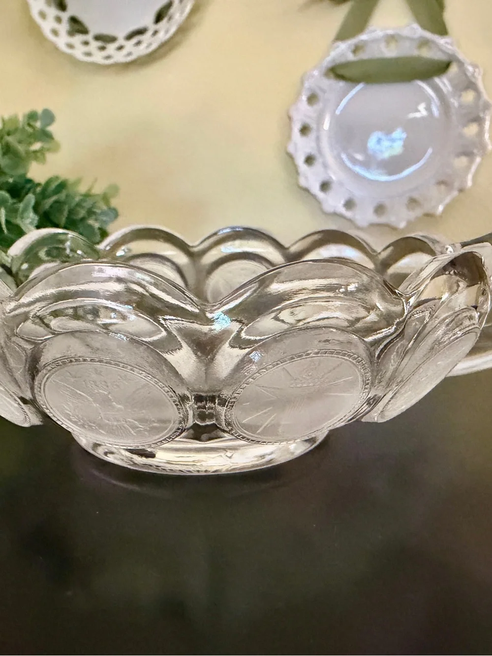 FOSTORIA, COIN GLASS, NAPPY BOWL WITH A FROSTED, PRESSED GLASS COIN MOTIF